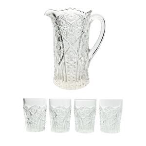 1910s Antique McKee “Fentec (Clear)” 5-Piece Pitcher & Tumbler Glasses Set EAPG